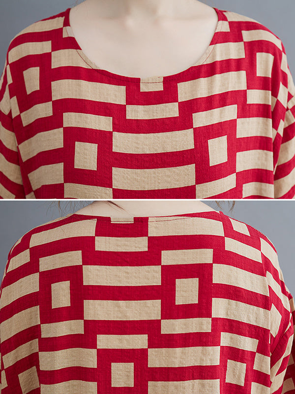 Plaid Loose Short Sleeves Round-Neck Midi Dresses