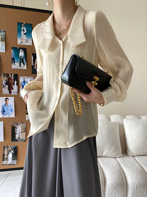 Urban Loose Long Sleeves Solid Color Lapel Collar Blouses
