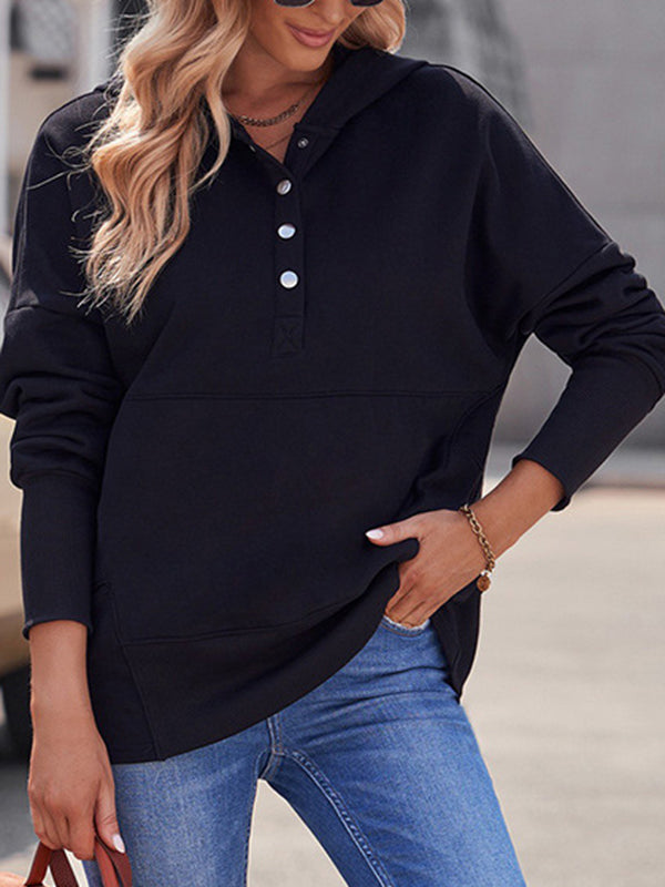Buttoned Hooded Split-Joint Batwing Sleeves Long Sleeves V-Neck Hoodies Tops