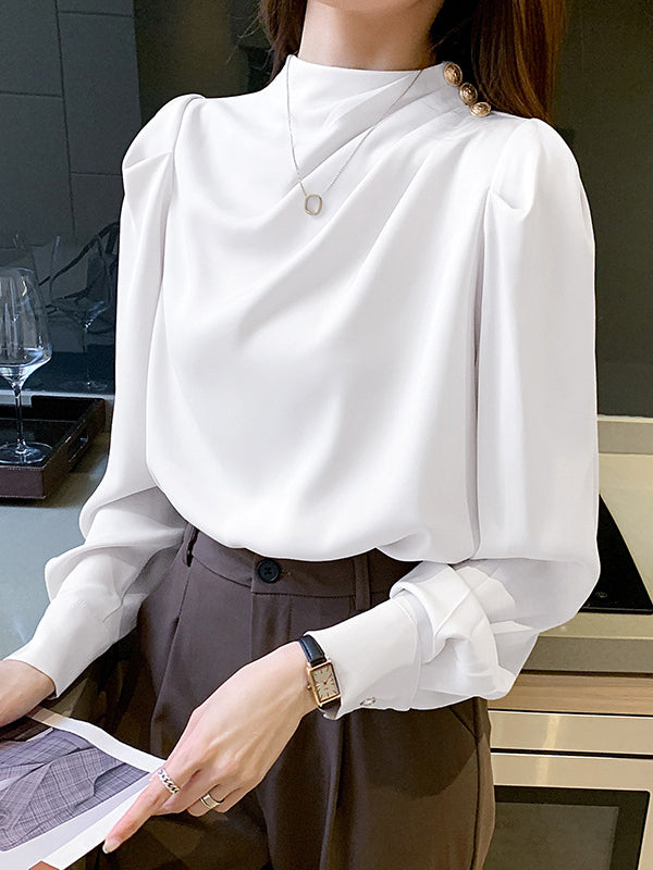 Pleated Split-Joint Loose Puff Sleeves High Neck Blouses&shirts Tops