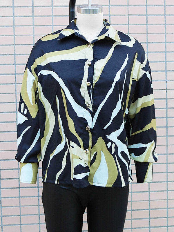 Buttoned Printed Long Sleeves Loose Lapel Blouses&Shirts Tops
