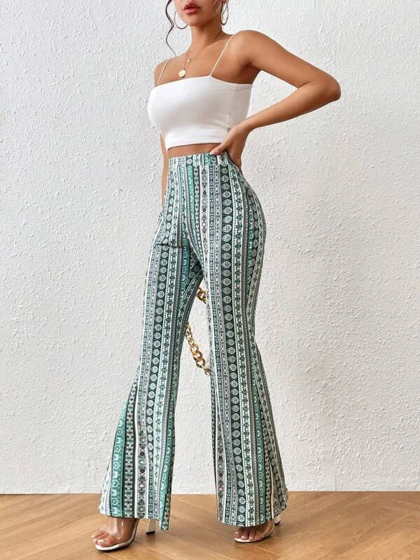 Elasticity Printed Split-Joint High Waisted Skinny Pants Flared Trousers