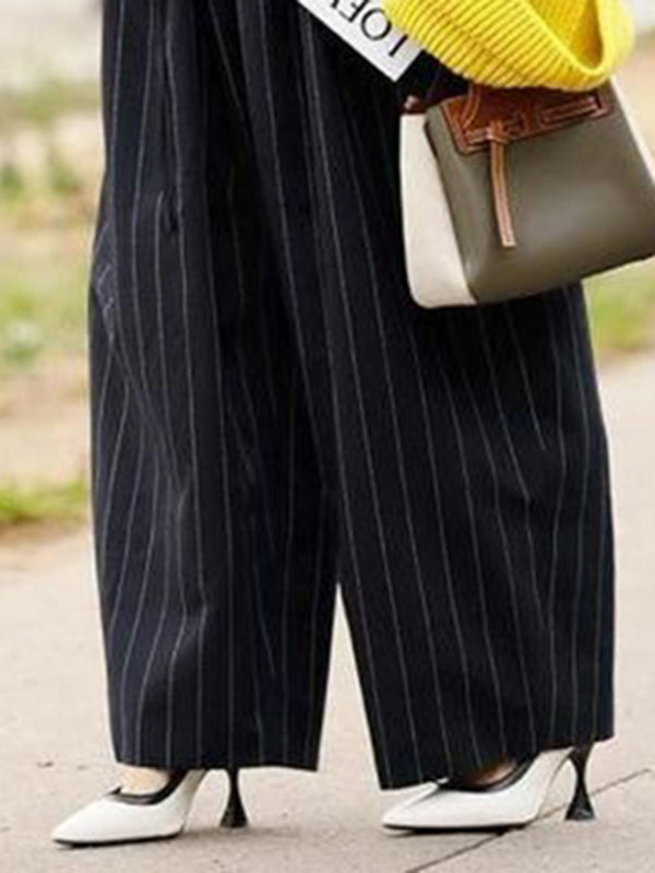 Drawstring Pleated Split-Joint Striped High Waisted Loose Trousers Pants