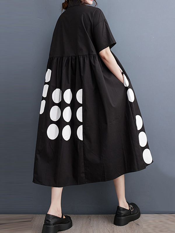 Buttoned Pockets Polka Dot Printed A-line Loose Lapel Midi Dresses