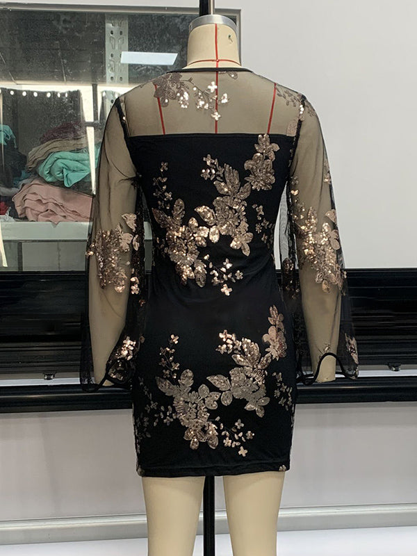 Mesh Sequined Split-Joint Bodycon Long Sleeves Round-Neck Mini Dresses