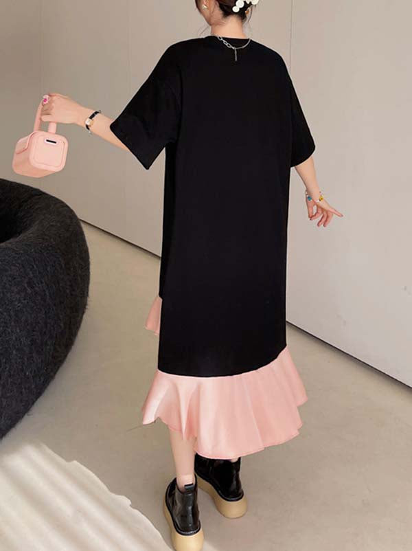Casual Loose Short Sleeves Contrast Color Falbala Split-Joint Round-Neck Midi Dresses