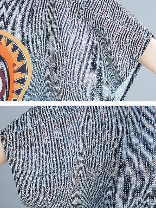 Printed Batwing Sleeves Loose Lapel Midi Dresses