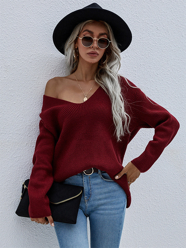 Casual Loose Solid Color V-Neck Sweater Tops