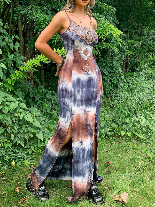Printed Split-Joint Split-Side Tie-Dyed Skinny Sleeveless Spaghetti-Neck Maxi Dresses