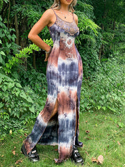 Printed Split-Joint Split-Side Tie-Dyed Skinny Sleeveless Spaghetti-Neck Maxi Dresses