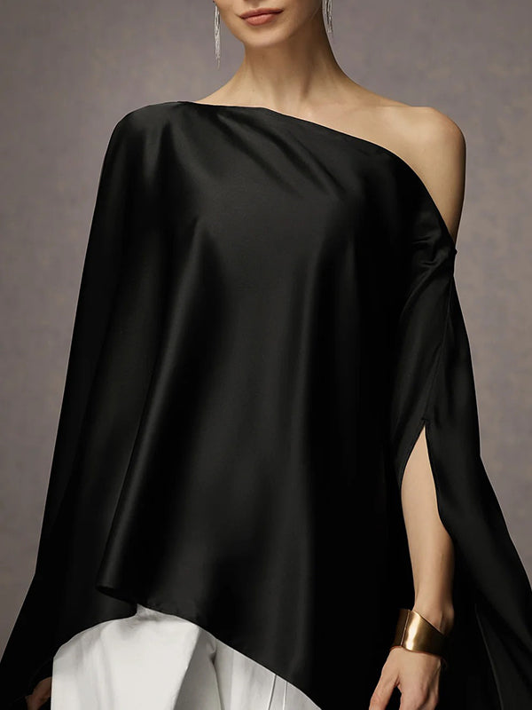 Asymmetric Solid Color Batwing Sleeves Loose One-shoulder Blouses&shirts Tops