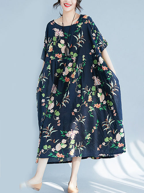 Flower Print A-Line Loose Round-Neck Midi Dresses