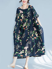 Flower Print A-Line Loose Round-Neck Midi Dresses