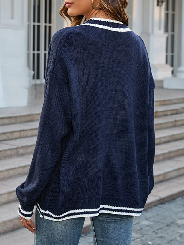 Contrast Color Split-Joint Long Sleeves Loose V-Neck Cardigan Tops