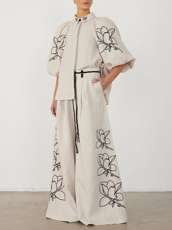 Pleated Printed Split-Joint Loose Puff Sleeves Lapel Blouses&Shirts Tops