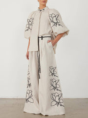 Pleated Printed Split-Joint Loose Puff Sleeves Lapel Blouses&Shirts Tops
