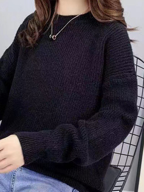 Solid Color Long Sleeves Loose Round-Neck Sweater Tops Pullovers