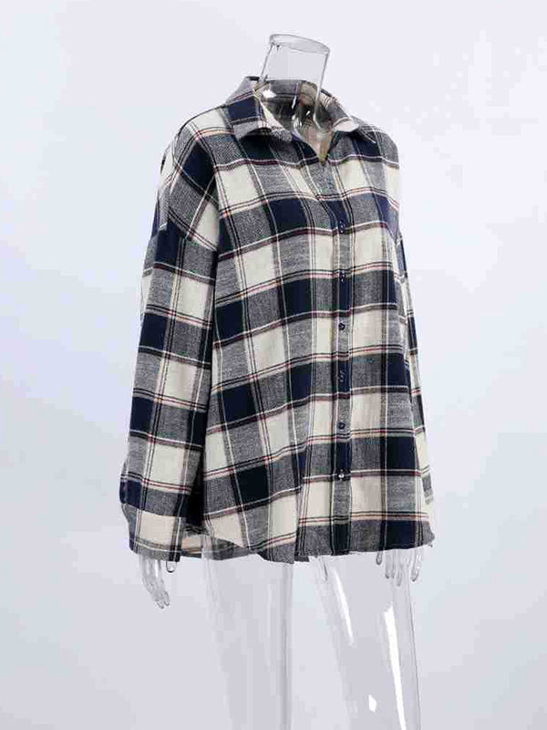 Plaid Split-Joint Long Sleeves Loose Lapel Blouses&Shirts Tops