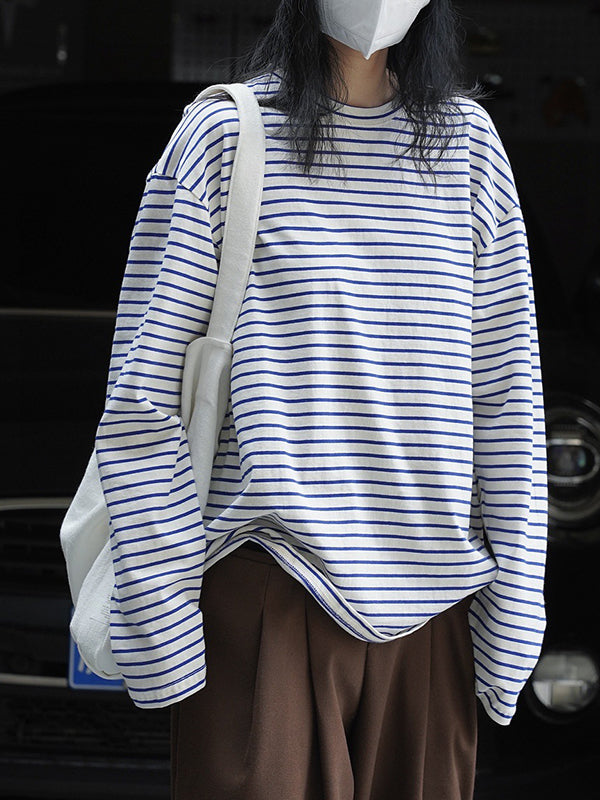 Striped Long Sleeves Round-neck T-Shirts Tops