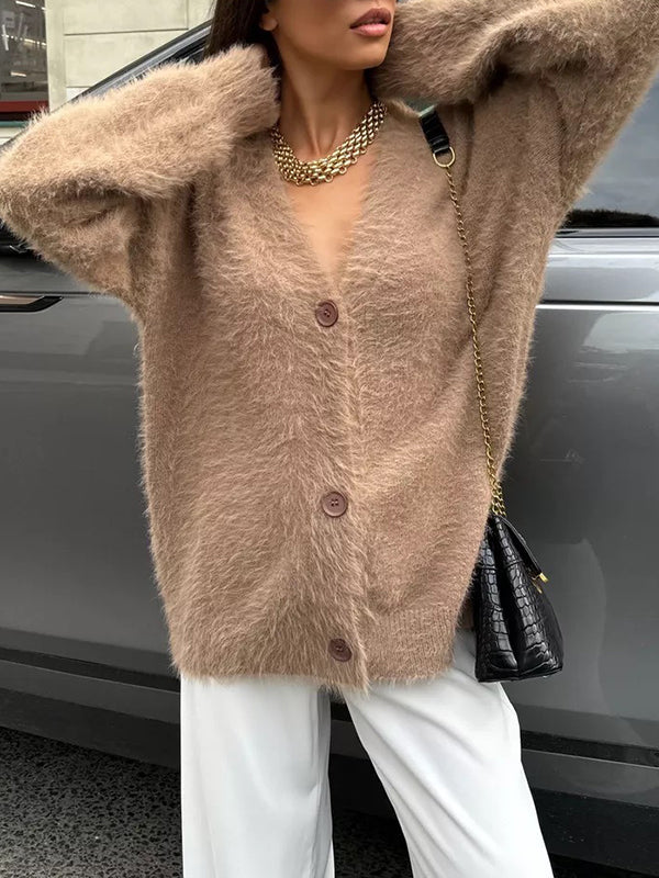 Buttoned Solid Color Long Sleeves Loose V-Neck Cardigan Tops