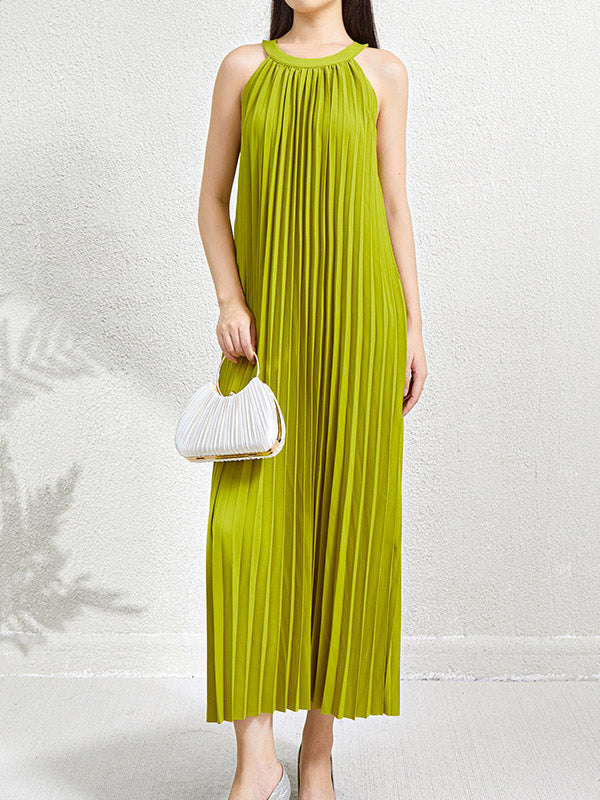 Hollow Pleated Pockets Solid Color Loose Sleeveless Halter-Neck Maxi Dresses