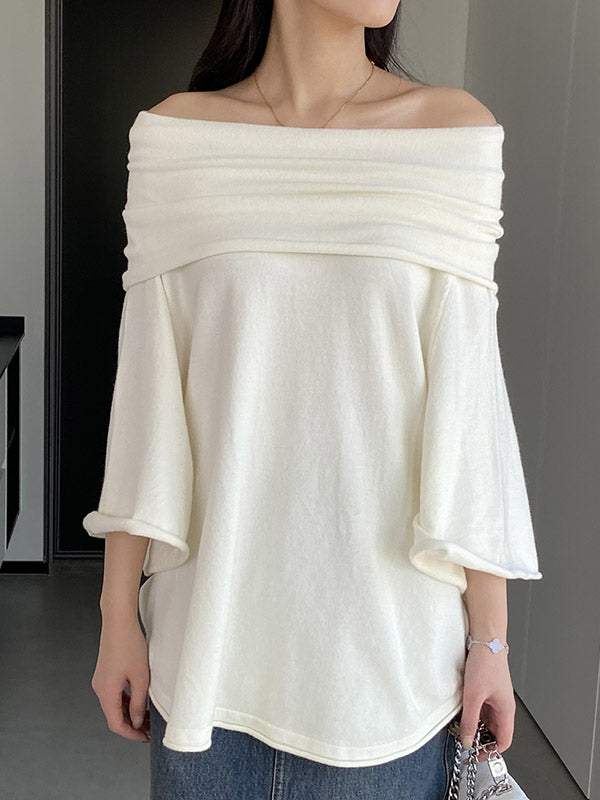 Solid Color Batwing Sleeves Flared Sleeves Off-the-shoulder Knit Top