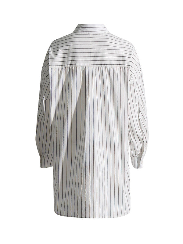 Buttoned Pockets Striped Long Sleeves Loose Lapel Blouses&shirts Tops