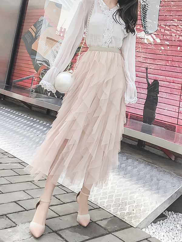 Original Stylish Irregular Mesh Solid Color Skirt