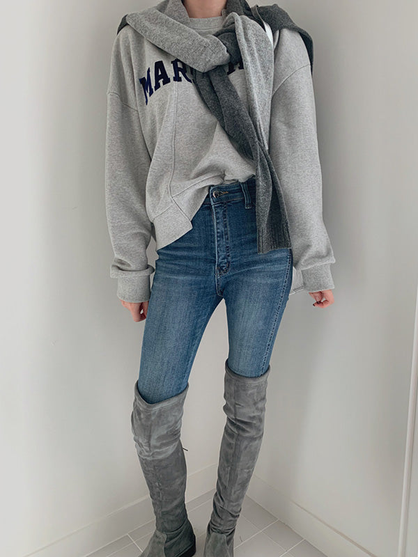 Casual Asymmetric Lapel Split-Joint Letter Print Sweatshirt