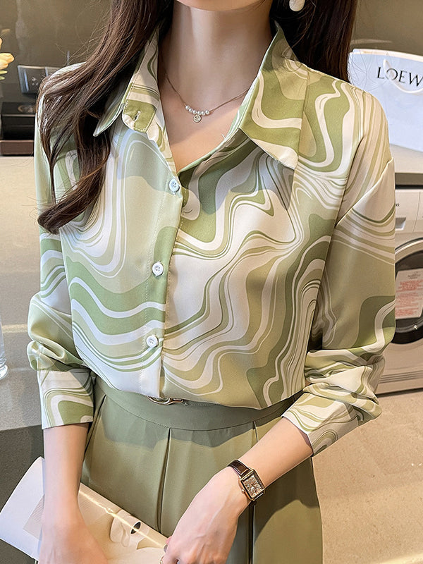 Buttoned Printed Long Sleeves Loose Lapel Blouses&Shirts Tops