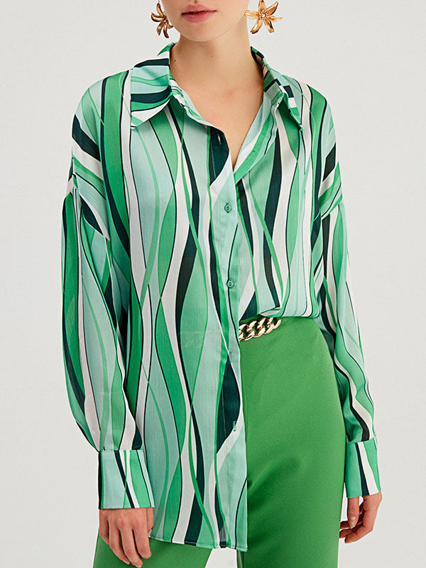 Contrast Color Striped Long Sleeves Loose Lapel Blouses