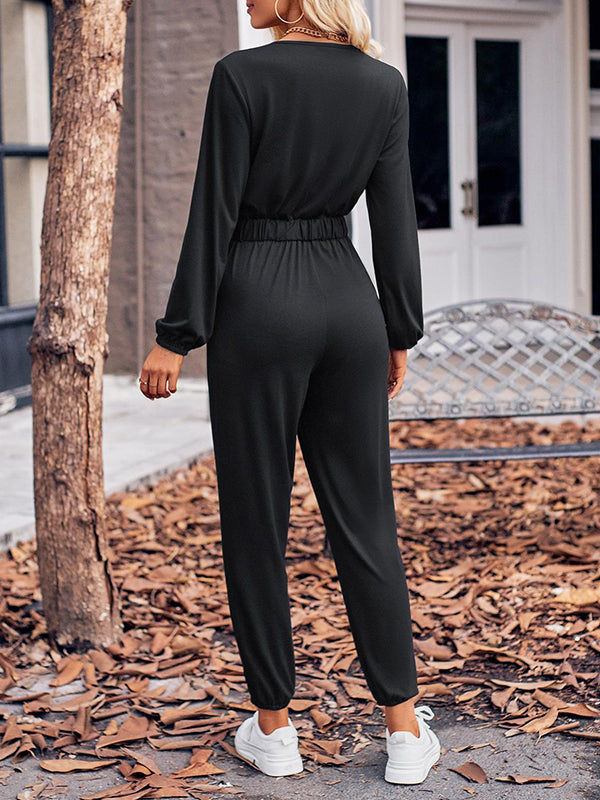 Belted Elasticity Long Sleeves V-neck Jumpsuits