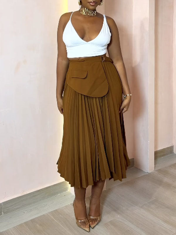 Asymmetric Pleated Solid Color Split-Joint A-Line High Waisted Skirts Bottoms