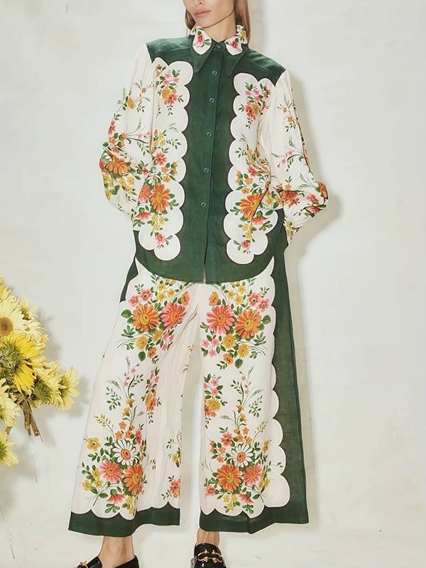 Buttoned Long Sleeves Flower Print Lapel Shirts Top + High Waisted Pants Bottom Two Pieces Set