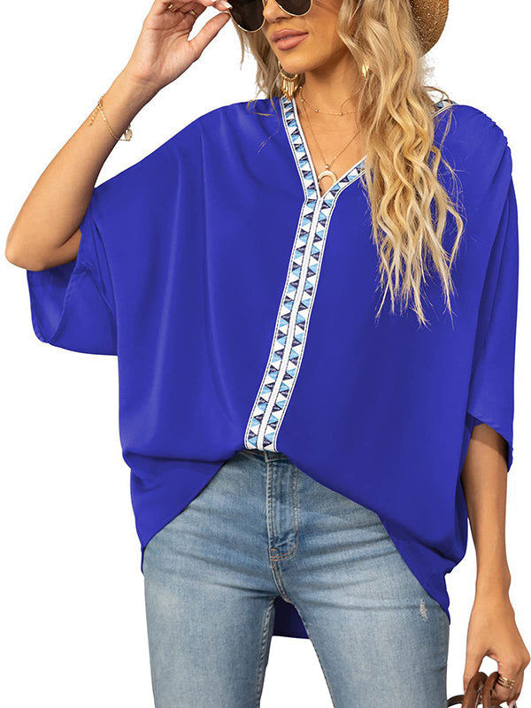 Split-Joint Batwing Sleeves Loose V-neck Blouses&shirts Tops