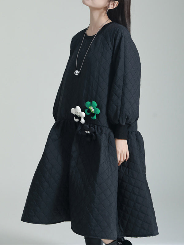 Pleated Quilted Split-Joint Long Sleeves Loose Round-Neck Midi Dresses