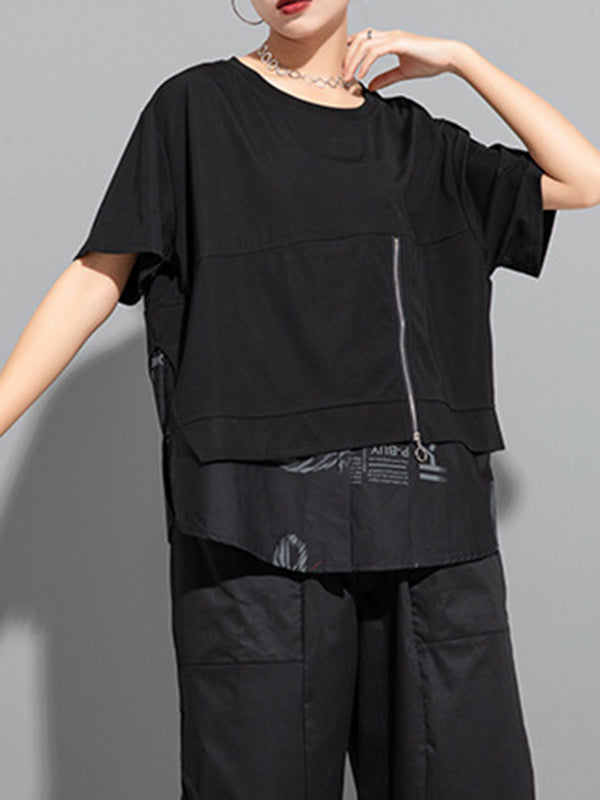 Printing Split-Joint False Two Loose Round-neck T-Shirts Tops