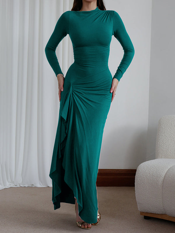 Asymmetric Pleated Ruffled Solid Color Split-Joint Bodycon High Waisted Round-Neck Maxi Dresses