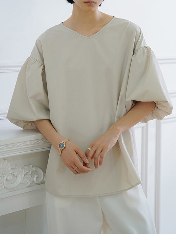 Solid Color Half Sleeves Loose V-Neck Blouses&Shirts Tops