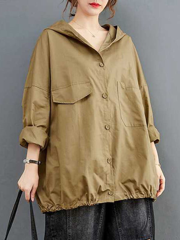 Buttoned Pleated Pockets Solid Color Long Sleeves Loose Hooded Trench Coats Outerwear