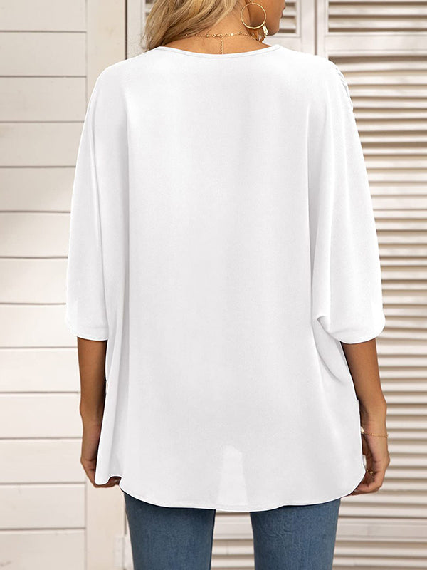 Split-Joint Batwing Sleeves Loose V-neck Blouses&shirts Tops