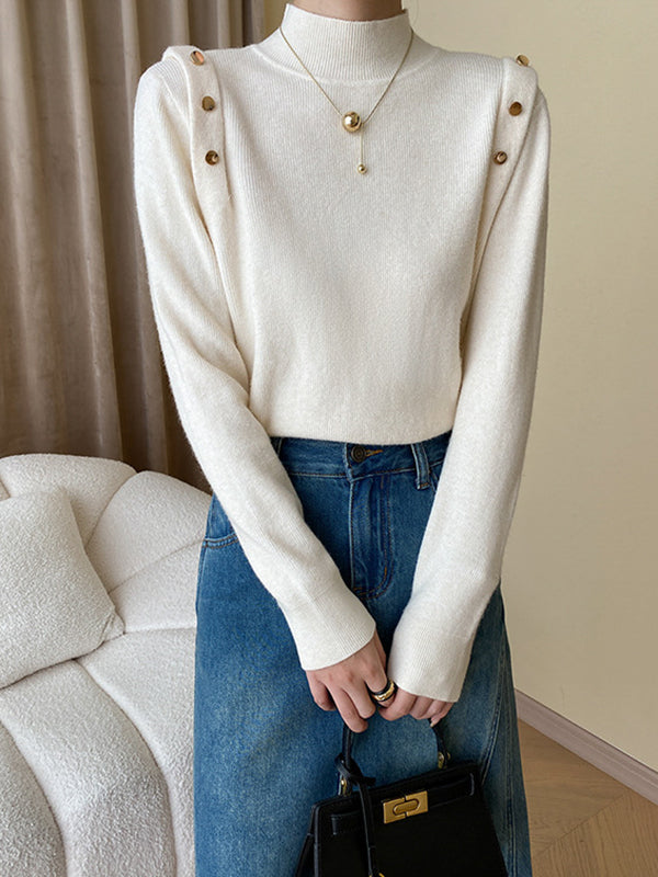 Buttoned Split-Joint Long Sleeves High-Neck Sweater Tops