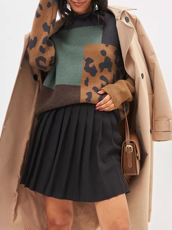 Contrast Color Leopard Split-Joint Long Sleeves Loose Round-Neck Sweater Tops Pullovers