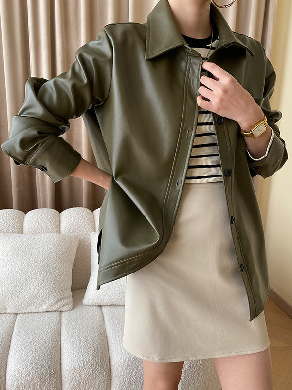 Buttoned Pockets Solid Color Long Sleeves Loose Lapel Outerwear Jackets