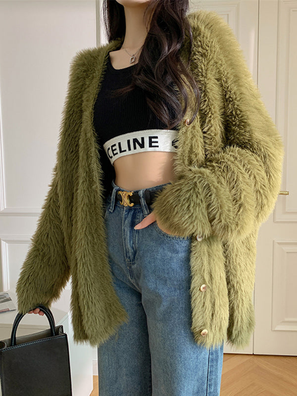 Casual Long Sleeves Loose Solid Color V-Neck Cardigan Tops