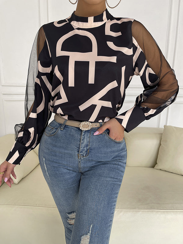 Buttoned Hollow Letter Print See-Through Split-Joint Long Sleeves Round-neck Shirts Tops Blouses&shirts Tops
