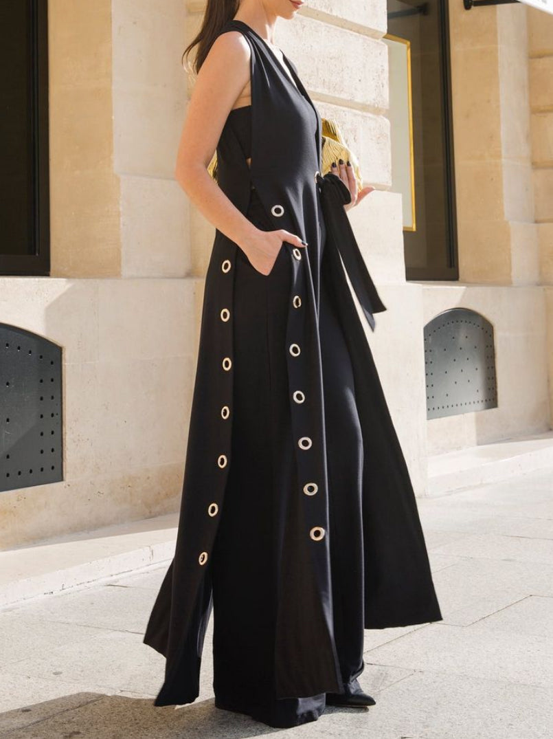 Hollow Solid Color Split-side Tied Loose Sleeveless Deep V-Neck Vest Outerwear