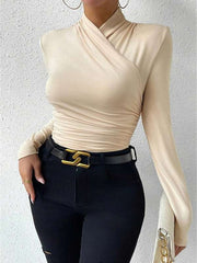 Pleated Solid Color Long Sleeves Skinny Mock Neck T-Shirts Tops