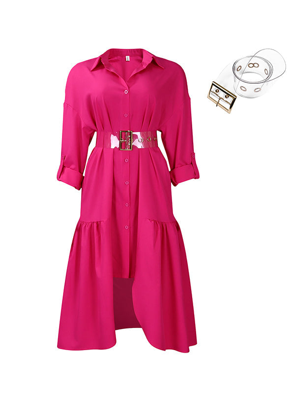 Pleated Split-Joint Tied Waist High-Low Loose Lapel Shirt Dress Midi Dresses