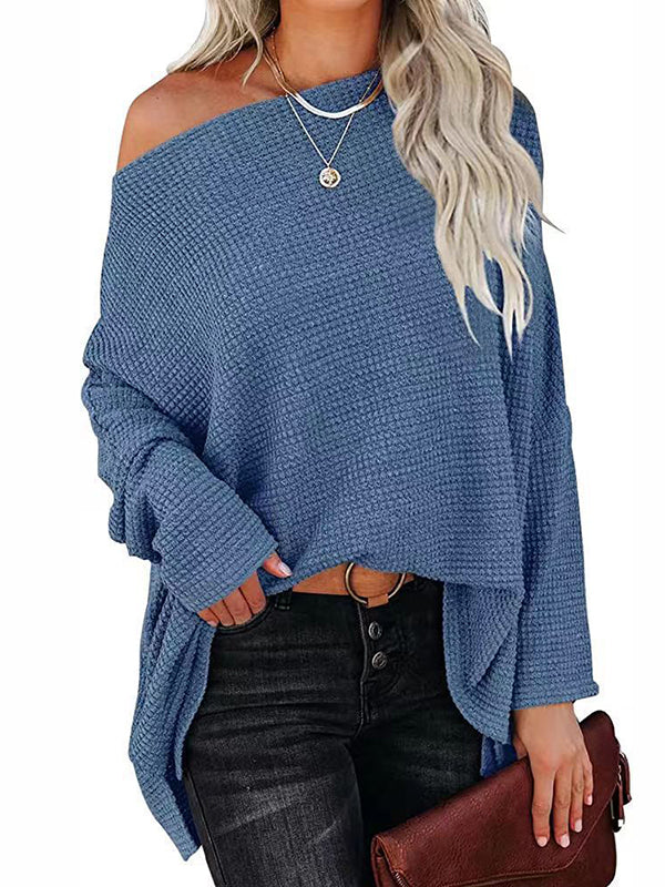 Solid Color Split-side Long Sleeves Loose Boat Neck T-shirts